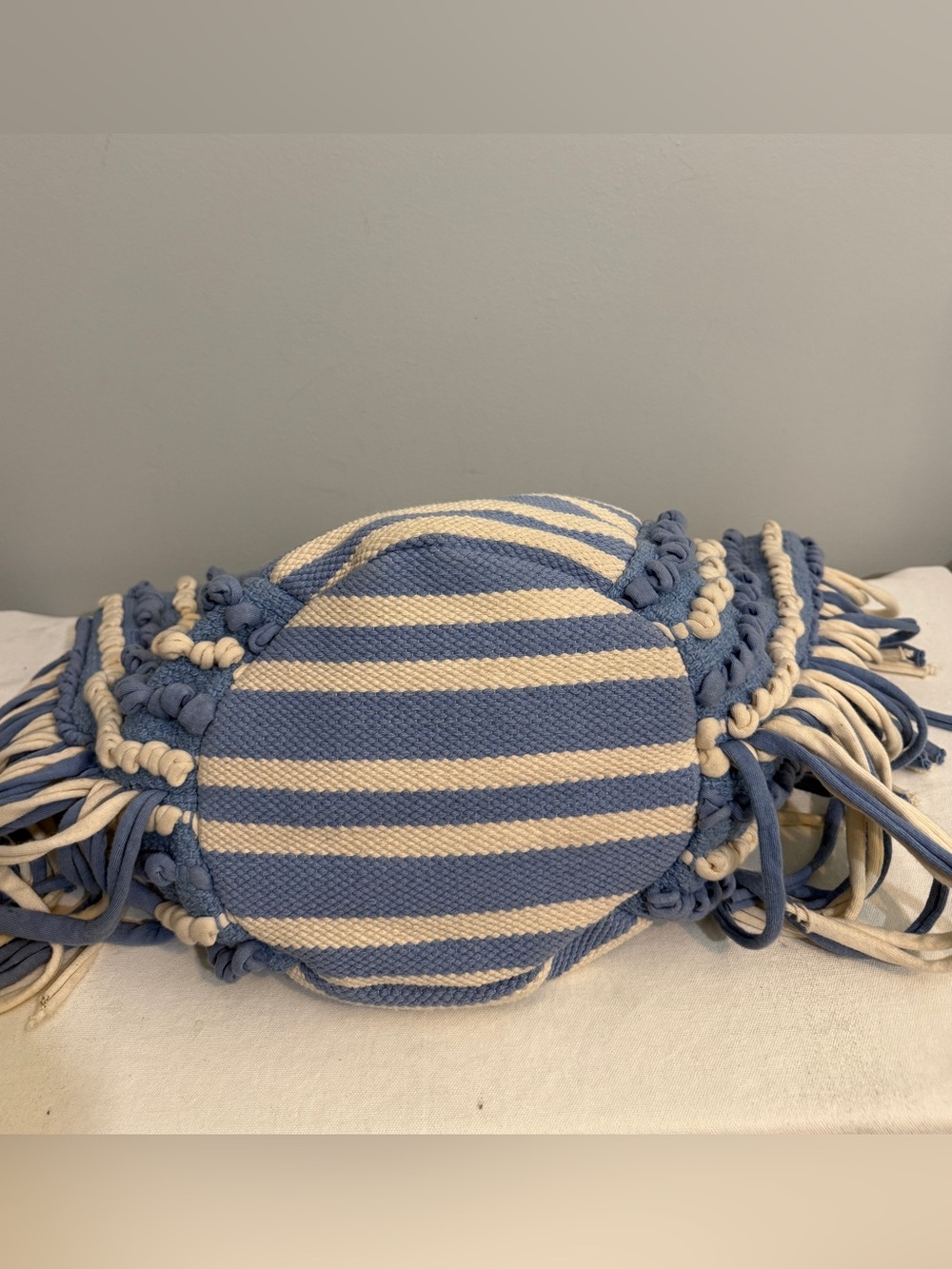 Striped Blue & Cream Fringe Tote Bag Rope Handles - Picture 5 of 16